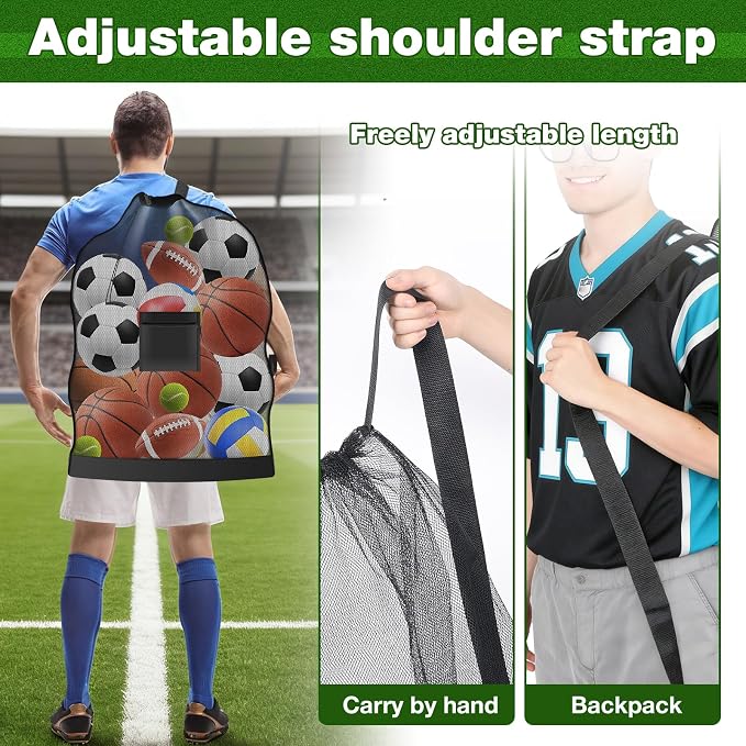 8 Pack Large Mesh Sports Bag,37 Inch Breathable Polyester Mesh Storage Bag with Adjustable Shoulder Strap & Outside Pocket,Foldable Drawstring Bag for Gym, Soccer,Basketball,Laundry,Travel,Camping - Image 6