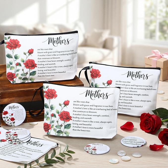 Kacctyen 20 Sets Mother's Day Gifts Bulk for Women Mom Makeup Bag Red Rose Inspirational Compact Mirror Cosmetic Bag with Zipper and Handle Pocket Mirror Toiletry Pouch for Women Mom Birthday Gift - Image 4