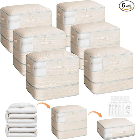 Homsorout 6 Pack Compression Storage Bags - 110L Large Capacity Comforter Storage Bag, 3-Layer Washable Ultra Space Saving Self Compression Organizer Space Bags for Blankets, Sweaters, Sheets, Beige by Homsorout