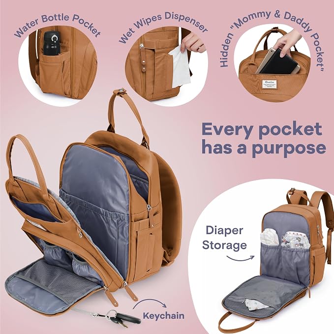 RUVALINO Diaper Bag Backpack-Multifunction Baby Travel Bag with Changing pad, Insulated Bottle Holders & Pacifier Case, Large Capacity, Waterproof, Dark Brown - Image 3