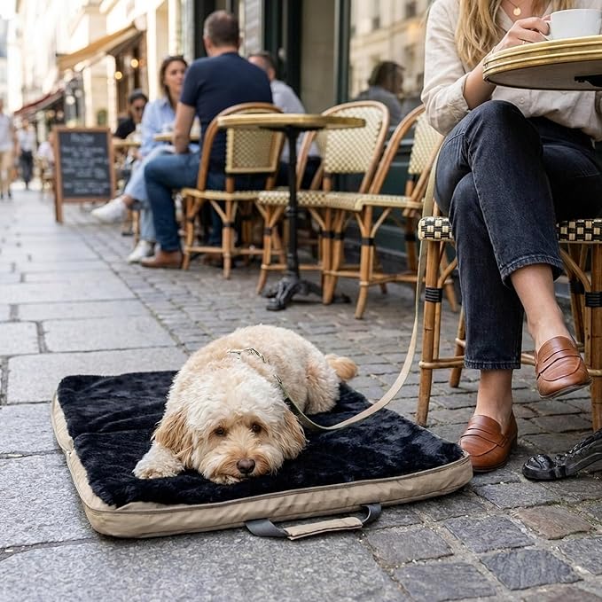 4 Cats & Dogs Gus Travel Bed – Portable Foldable Dog Bed & Pet Cushion Mat with Soft Faux Fur, Water-Resistant Nylon, Zippered Suitcase Design for Camping & Travel- Medium (29.5″ x 39.5″), Sandy - Image 2