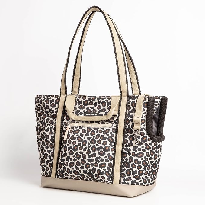 Cleverpup Transit Tote Dog Carrier for Small/Medium Dogs 8-20 lbs, 19x12x9 Soft-Sided 4-Pc Set with Waterproof Base, Plush Insert, Food Pouch, Mesh Head Opening - Medium, Leopard - Image 8