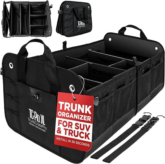 Car Trunk Organizer for SUV, Truck & Auto Cargo Storage, Black, XL | Fits Cars, SUVs & Trucks 6 Adjustable Compartments Non-Slip Base & Securing Straps Foldable 11 Pockets Car Accessories by TRUNKCRATEPRO