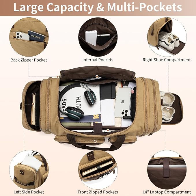 Mens Duffle Bag for Travel 60L Expandable Canvas Weekender Overnight Travel Duffel Bag with Shoe Compartment Carry-On for Airplanes Khaki - Image 3