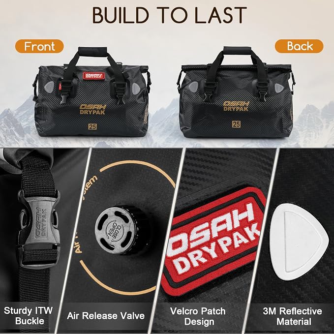 OSAH DRYPAK Waterproof Duffel Bag - Motorcycle Dry Bag Tail Bag with Large Storage Space, Waterproof Luggage Duffle Bags with Outer Mesh Zipper Pocket for Camping, Kayaking, Fishing & Traveling - Image 3