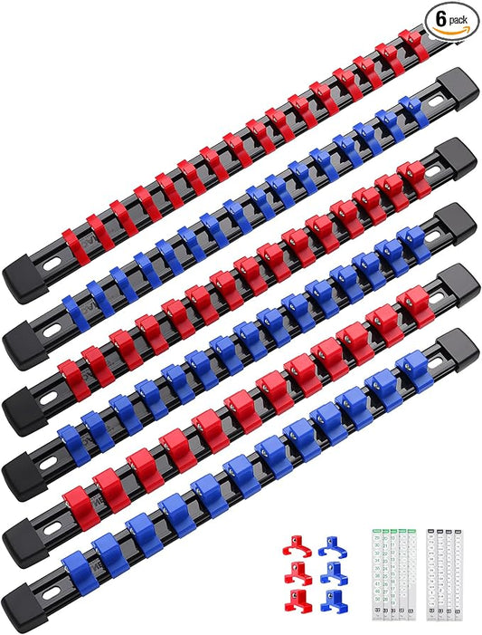 ALOANES 6PC Socket Organizer, Socket Rails Fit 1/2", 1/4" and 3/8" Drive | Heavy Duty ABS Socket Holders Hold 86 Sockets for Toolbox Drawer Bags(Red&Blue) by Aloanes