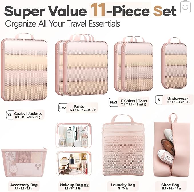 Veken 11 Set Compression Packing Cubes for Travel Essentials,Compressible Expandable Luggage Suitcase Organizer Bags with Garment Bag,Space Saver Bags with Over 1000 pcs of Mesh Holes(Beige) - Image 2