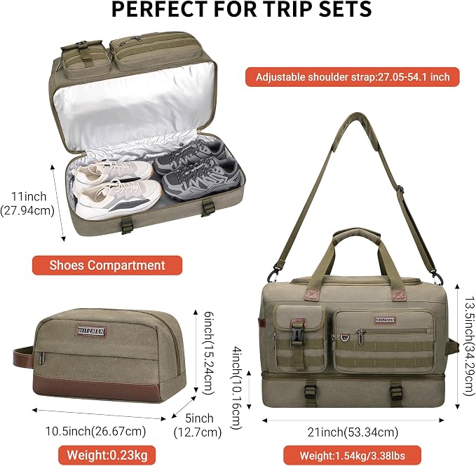 WITZMAN Duffle Bag for Men 50L Travel Canvas Weekender with Toiletry Bag | With Shoe Compartment and Dry-wet Pocket, Convertible, Carry On, One Duffel for Gym, Sports, Overnight, A8010/2 Army Green - Image 5