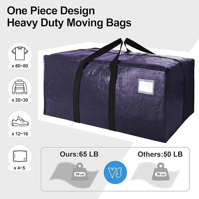 VELVETSURE 12 Pack Heavy Duty Large Moving Bags W/Backpack Straps - Strong Handles & Zippers, Storage Totes, Fold Flat, Alternative to Moving Box and Storage Bin, Semi-Transparent+Blue+Black - Image 5