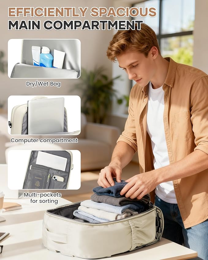 Large Travel Gym Backpack Women Carry On Backpack Flight Approved Hiking Waterproof Rucksack Casual Daypack Laptop bags airplanes Shoes Compartment Personal Item Travel Weekender Bag Essentials Beige - Image 7