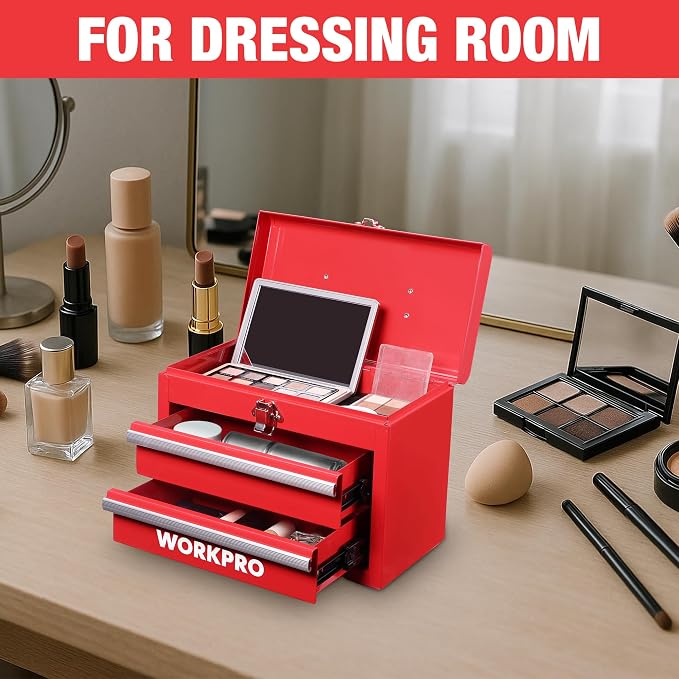 WORKPRO Portable Mini Metal Tool Box with 2 Drawers | Metal Tool Chest, Ball Bearing Slides, Top Storage, Latch Handle, PVC Drawer Liners, PP Feet Pads - Image 7