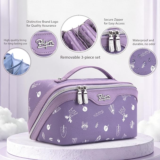 BOYATU Travel Makeup Bag Cosmetic Bags for Women: 3 Pcs Set Portable Make up Bag with Handle - PU Leather Toiletry Bags with Compartments - Makeup Organizer for Travel Essentials(L-3-Purple) - Image 2