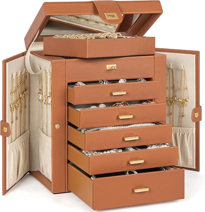 AKOZLIN 6-Tier Jewelry Box Organizer Functional 5 Drawers Leather Jewelry Storage Case for Women Girls Ring Necklace Earring Bracelet Holder Organizer with Mirror Medium Dark Orange - Image 7