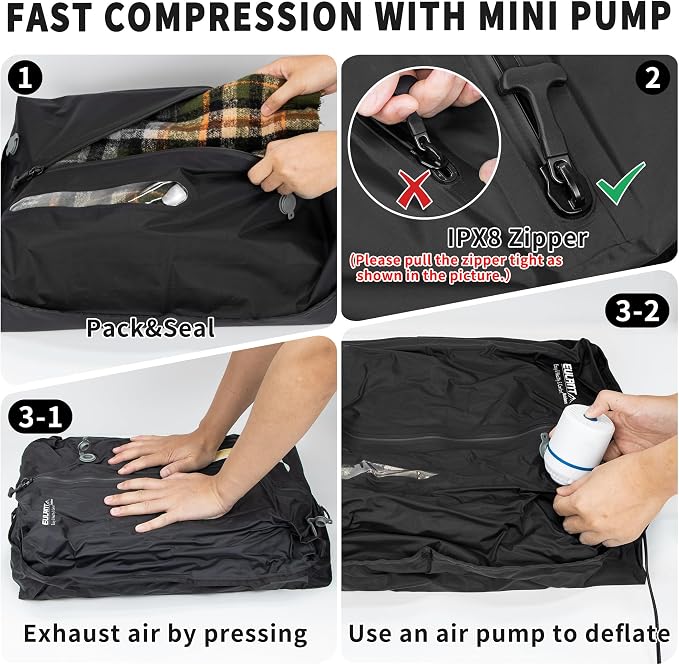 Eulant Travel Vacuum Bags with Pump,Professional IPX8 Waterproof Vacuum Compression Bag for Carry-On Suitcase & Travel Backpack,Space Saver Bags Packing Organizers(2 Pack,Dark Black) - Image 7