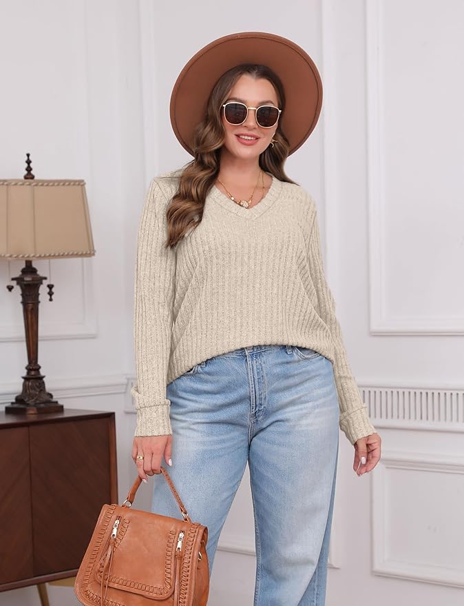 Sampeel V Neck Long Sleeve Shirts for Women Casual Fall Tops Lightweight Tunic Sweaters Fashion Clothes Loose Fit 2025