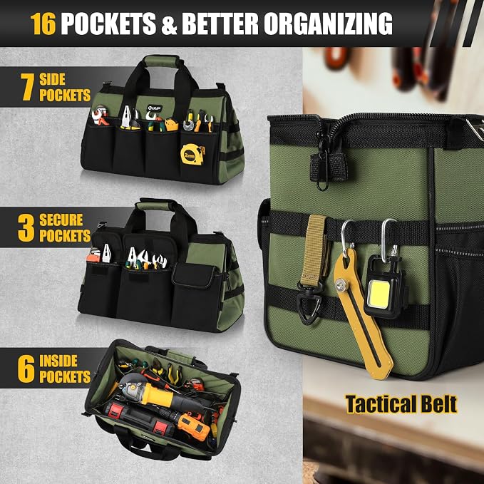 UUP 18-Inch Large Tool Bag, 16-Pocket Portable Tool Box Organizer Storage, Heavy Duty Tactical Toolbag with Big Zipper, Travel Carry Toolbox, Father Day Dad Men Electrician Contractor Welding Gift | 16 Pockets & MOLLE. Detachable Strap & Handle. Non-sl... - Image 3