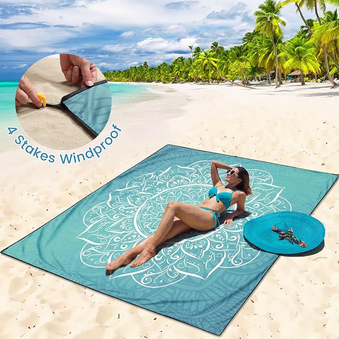 HIHOHO Beach Blanket Waterproof Sandproof Beach Mat for 1-8 Adults Quick Drying Durable Outdoor Picnic Mat for Beach Festival Travel Camping Hiking (Large Mandarin, 79"×83"(4 Person)) - Image 3