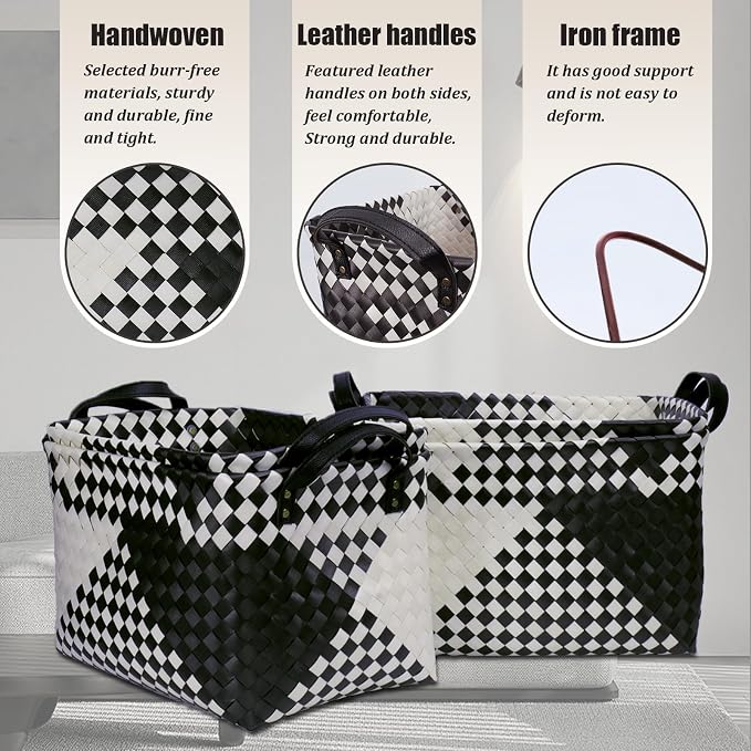 BROWNLILY Handwoven Clothes Basket Laundry Hampers Large Wicker Storage Baskets for Shelves Blankets Closet Storage Bins Car Bedroom Bathroom Organizers and Storage Bath (Pack of 4, Beige & Black) - Image 2