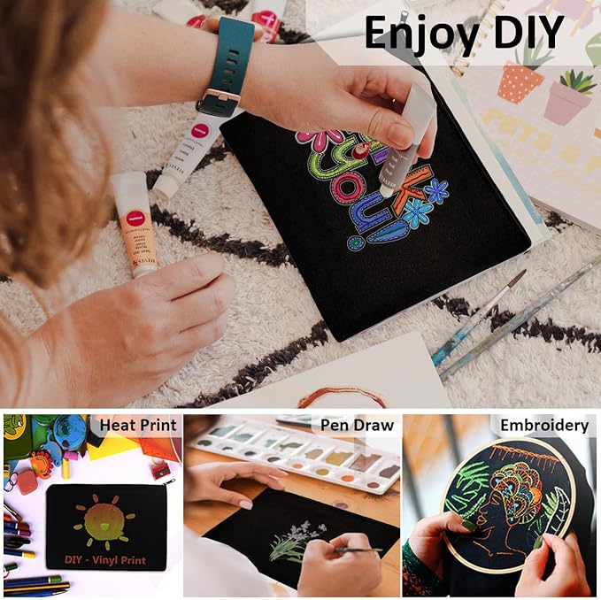 Koolmox Black Canvas Pouches Blank, 12PCS Canvas Zipper Pouch, 8x5 inch Plain Pencil Bag for Patches, Embroidery, Print Sublimation - Image 5