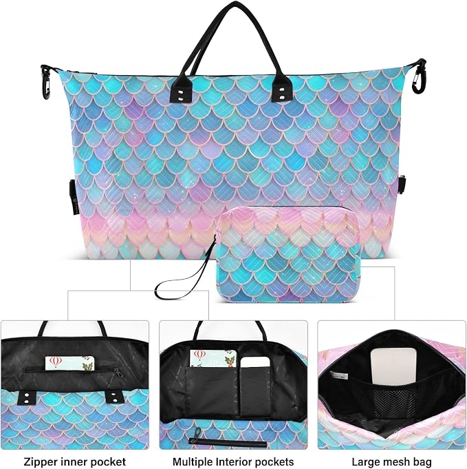 Weekender Bags Travel Duffel Gym Bag Carry on Overnight Tote Bag with Toiletry Bag for Airplane Travel Trip Gym Yoga (Fish Scales Mermaid) - Image 2