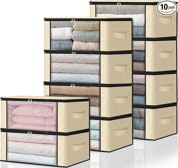 HomeHacks Storage 10-Pack Clothes Organizer Storage Bags Foldable Storage Box with Large Clear Window Sturdy Handles for Closet, Dorm, Pillows, Bedding, Clothes, Blankets, 35L, Beige by HomeHacks