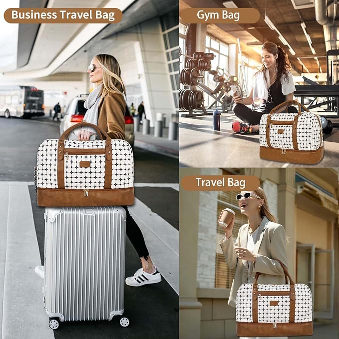 Wogarl 3PCS Weekender Bags for Women Large Overnight Bag Weekend Travel Duffel Bag Carry on Shoulder with Shoe Compartment Canvas Toiletry Bag for Travel Business Gym,Brown Argyle - Image 5