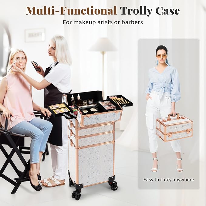 AROUS Rolling Makeup Train Case 5 in 1 Cosmetology Case on Wheels Large Cosmetic Organizer Travel Cart for Hairstylist Artist Nail Beauty Salon Barber,White - Image 7