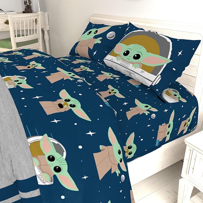 Jay Franco Kids Sheet Set with Fitted, Flat Sheets & Pillow Cover - Ultra-Soft Bedding with Pillowcase for Room Decor, Blue - Star Wars Mandalorian, 4 Piece Queen - Image 7