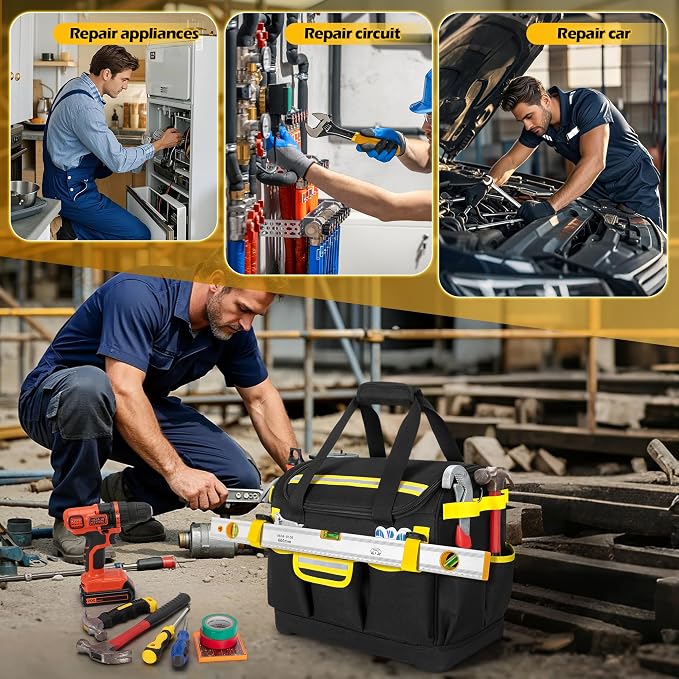 15-Inch Tool Bag with Hard Bottom, Electrician Tool Box Organizer | Detachable Dividers, Multiple Pockets, Reflective Strips, Padded Handle & Shoulder Strap, Ideal for Repairman, Craftsman - Image 7