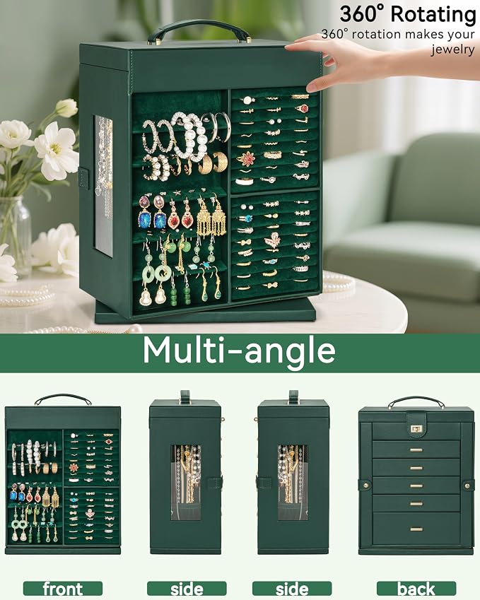 AKOZLIN 6-Tier Jewelry Box Organizer Functional 5 Drawers Leather Jewelry Storage Case for Women Girls Ring Necklace Earring Bracelet Holder Organizer with Mirror XL Green 360° Rotating - Image 5