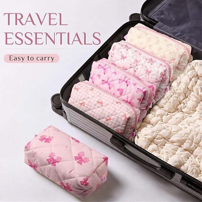 Paterr 10 Pcs Quilted Makeup Bag Bulk Cotton Floral Cosmetic Bag Women Girls Bridesmaid Gifts Cute Makeup Pouch Coquette Aesthetic Travel Toiletry Organizer(Pink Bow,6.30 x 3.94 Inches) - Image 6