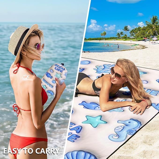 HIHOHO Beach Blanket Waterproof Sandproof Mat, 3D Ocean, 79"×83" (4 Person) | Quick Drying, Durable, For 1-8 Adults, Outdoor Picnic Mat, Beach Festival Travel Camping Hiking - Image 5
