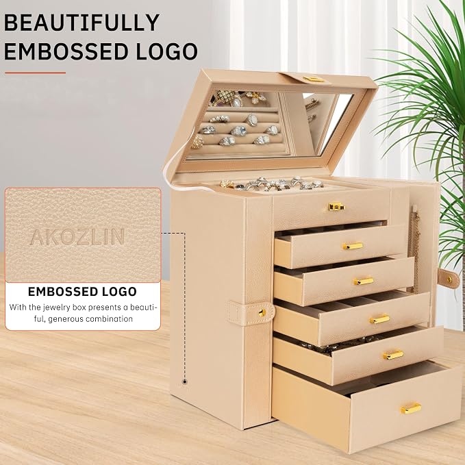 AKOZLIN 6-Tier Jewelry Box Organizer Functional 5 Drawers Leather Jewelry Storage Case for Women Girls Ring Necklace Earring Bracelet Holder Organizer with Mirror Extra Large Champagne - Image 4