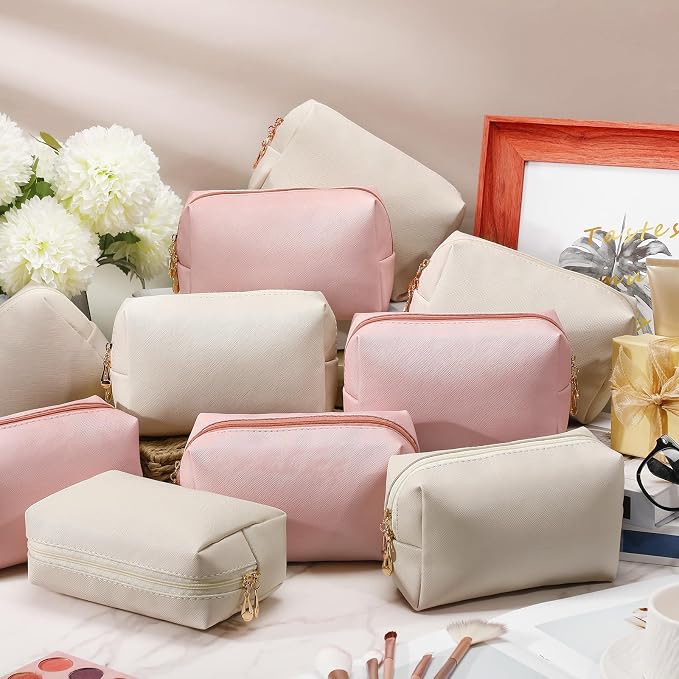 50 Pcs Makeup Bag Bulk PU Leather DIY Cosmetic Plain Preppy Makeup Pouch Portable Waterproof Toiletry Bags for Women Travel Pencil Case Cosmetic Organizer (Pink and Beige) - Image 5