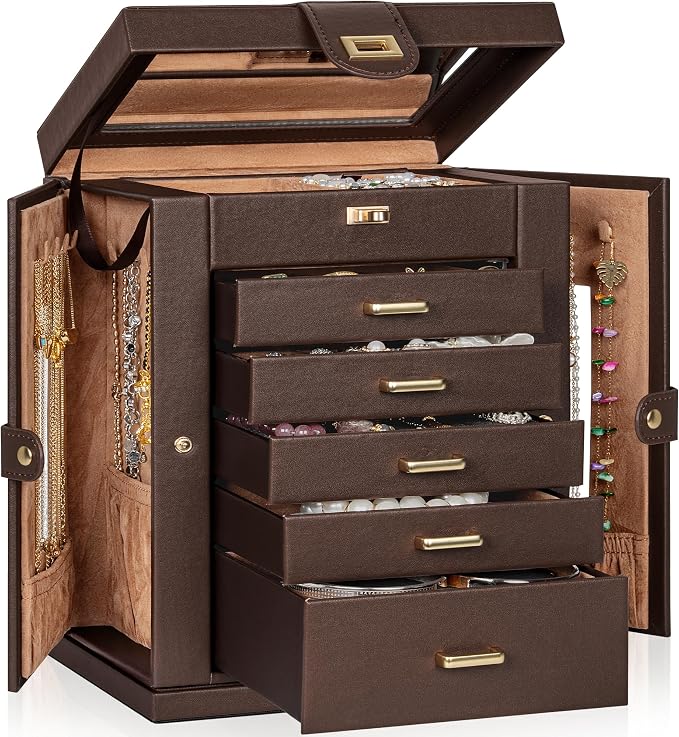 AKOZLIN 6-Tier Jewelry Box Organizer Functional 5 Drawers Leather Jewelry Storage Case for Women Girls Ring Necklace Earring Bracelet Holder Organizer with Mirror Brown 360° Rotating by AKOZLIN