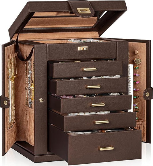 AKOZLIN 6-Tier Jewelry Box Organizer Functional 5 Drawers Leather Jewelry Storage Case for Women Girls Ring Necklace Earring Bracelet Holder Organizer with Mirror Brown 360° Rotating by AKOZLIN