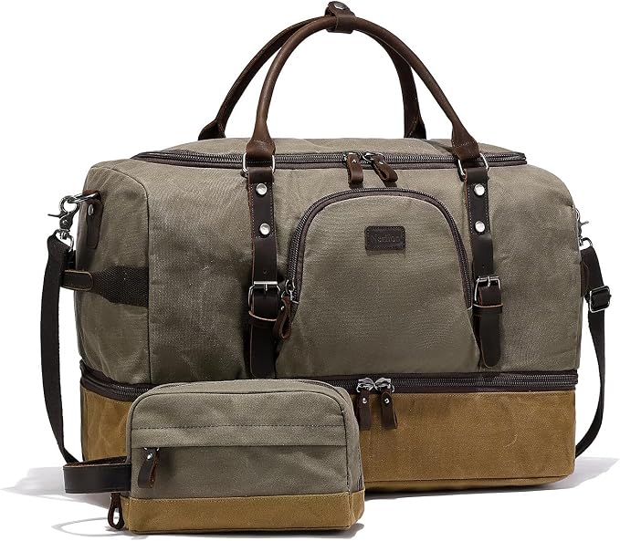 Nerlion Green Large Weekender Overnight Duffel Bag with Shoe Compartment and Leather Accents by Nerlion