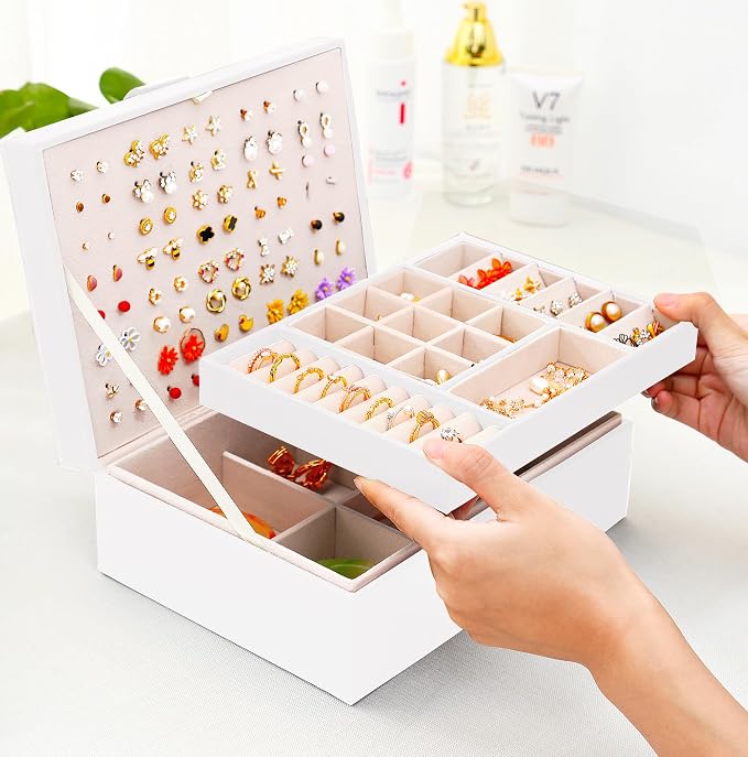 QBestry Jewelry Box for Women Girls, 105 Holes Stud Earring Organizer Storage Case with Removable Dividers, 2-Layer White Leather Jewelry Organizer for Earrings Rings Necklaces Bracelet, Gift for Teen - Image 8