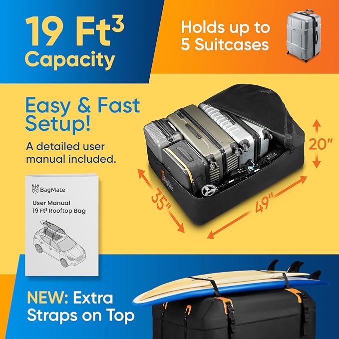 Car Roof Bag - Car Rooftop Cargo Carrier Bag – 19 Cubic Ft Waterproof Roof Rack Cargo Carrier, Includes Anti-Slip Mat, 4 Door Hooks, Reinforced Zipper/Buckle, with or Without Rack - Image 4