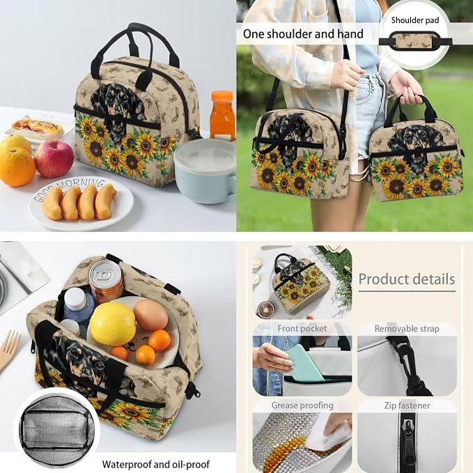 4 pcs Kids Backpack Set, School Supplies Include School Bags Book Bag with Insulated Lunch Bag Kit Pen Bags Water Bottle Sleeve Set for Kids Teens Boys Girls, Dachshund Sunflower - Image 4