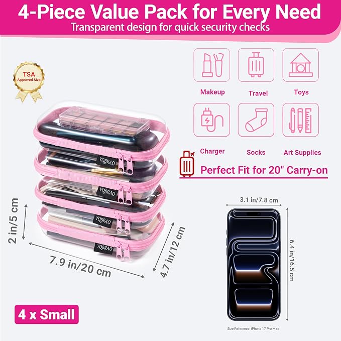YQBRAO 4-Pack Clear Hard Shell Zipper Case, 1.2mm Ultra-Thick Diaper Bag Organizer Pouches, Rigid Self-Standing Travel Makeup Bags with YKK Zippers, TSA Approved, Pink - Image 4