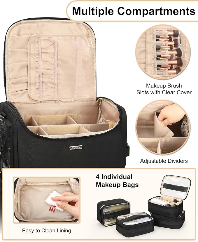 Relavel Rolling Makeup Case Large Makeup Bag with 4 Clear Set Bags, Dual Layer Professional Cosmetic Organizer Travel Train Case Artist Kit with Adjustable Dividers & Easy to Clean Lining, Black - Image 2