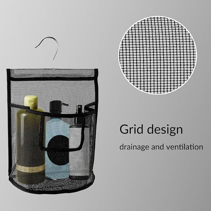 Tabanzhe Hanging Mesh Bag with Hook,Peg Bag Basket Shower Caddy Laundry Organizer Reusable Clothes Pegs Bag for Washing Lines Home College Travel Gym, Black, Toiletry Bag - Image 3