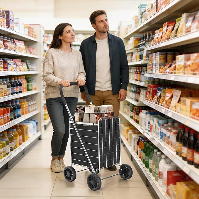 Whitmor Foldable Utility Shopping Cart with Wheels, 60Lb Capacity, Heavy Duty Grocery Cart with Steel Frame, Foam Handle, Rolling Utility Cart for Grocery, Laundry, Travel, Sliver/w Liner - Image 3