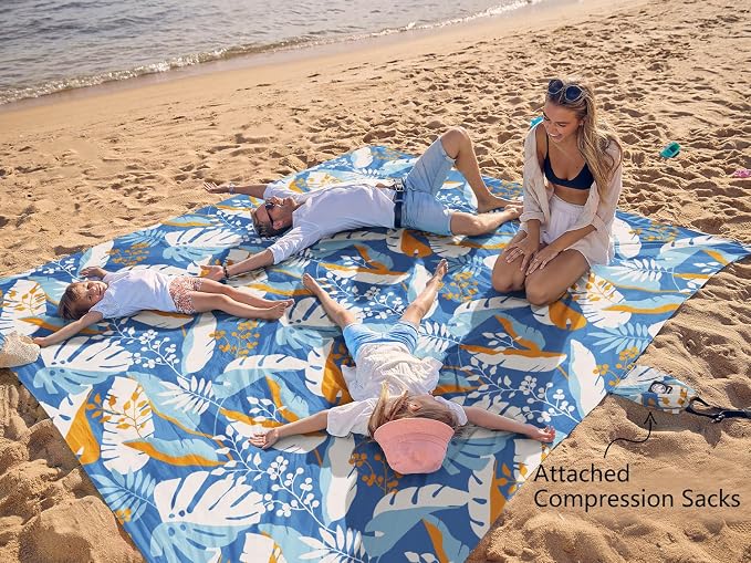 WEKAPO Beach Blanket Waterproof Sandproof Oversized, Extra Large Beach Mat Sand Free, Lightweight & Compact Sand Free Mat with 5 Stakes & 4 Corner Pockets - Image 3