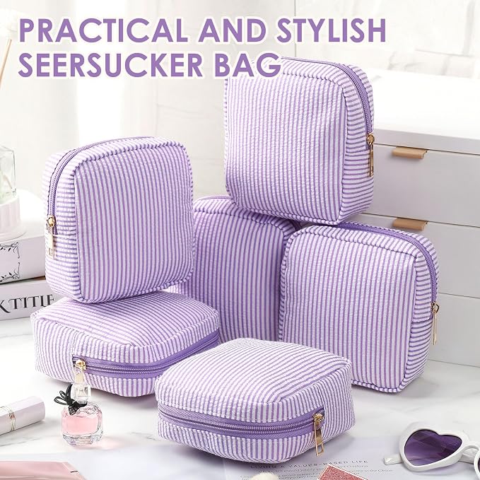 Sanwuta 6 Seersucker Cosmetic Bag Bulk Striped Makeup Bag for Women Aesthetic Cute Travel Toiletry Organizer Preppy Storage Pouch for Wedding Bridesmaid Mother's Day Teacher Gift (Small,Purple) - Image 4
