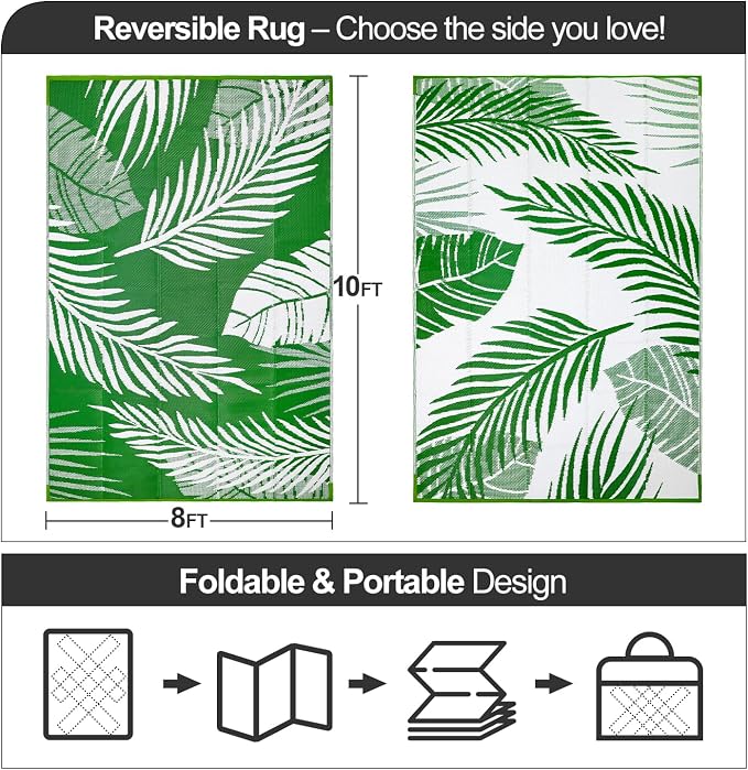 Waterproof Outdoor Rug 8x10ft, Green Leaf Reversible Plastic Straw Mat for Patio RV Deck Porch Backyard Balcony Camping Picnic Beach Indoor Outdoor Carpet, Green&White - Image 2