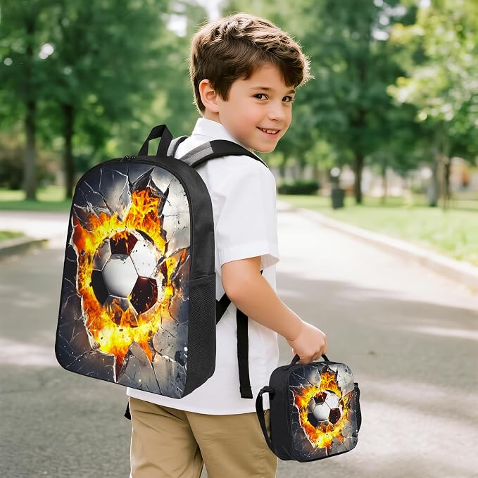 Soccer Kid Backpack Set with Lunch Bag & Pencil Case Large Capacity School Bag 17 Inch Bookbag for Boy Girl - Image 2