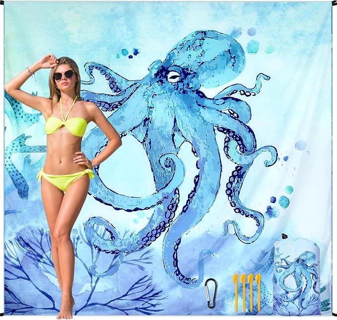 HIHOHO Beach Blanket Waterproof Sandproof Beach Mat for 1-8 Adults Quick Drying Durable Outdoor Picnic Mat for Beach Festival Travel Camping Hiking (BL-Octopus, 79"×83"(4 Person)) by HIHOHO