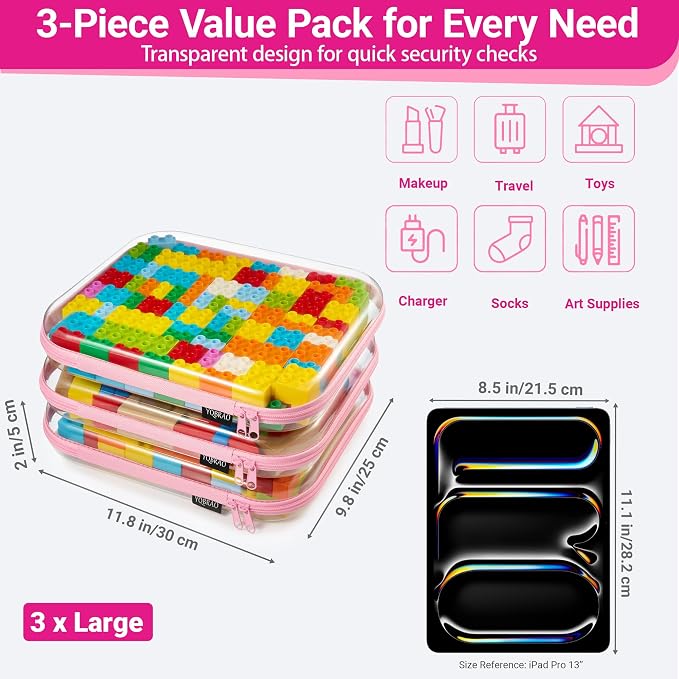 YQBRAO 3-Pack Large Clear Hard Shell Zipper Case, 1.2mm Ultra-Thick Rigid Toy & Closet Organizer, Heavy-Duty Diaper Bag Pouch Set with YKK Zippers, Waterproof Travel Storage (Pink) - Image 4